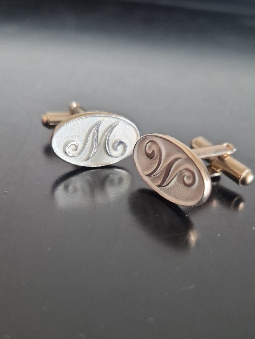Two-Tone Oval 'M' Monogram Cufflinks in Silver and Rose Gold